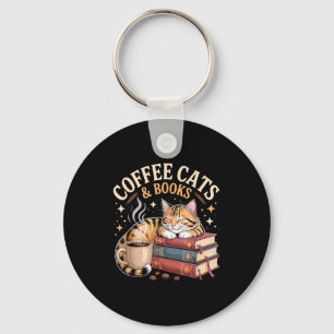 Cozy Reading Cat Coffee And Books Lover Artwork  Key Ring
