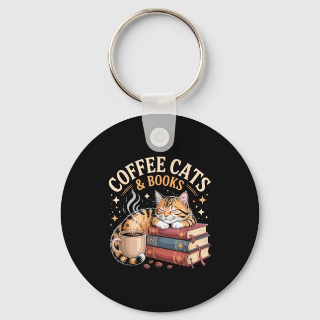 Cozy Reading Cat Coffee And Books Lover Artwork  Key Ring (Front)