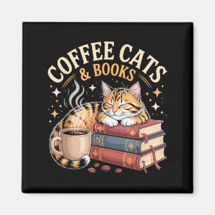 Cozy Reading Cat Coffee And Books Lover Artwork Magnet