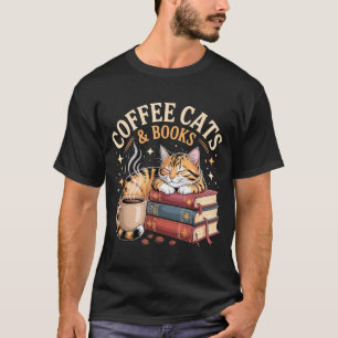Cozy Reading Cat Coffee And Books Lover Artwork T-Shirt