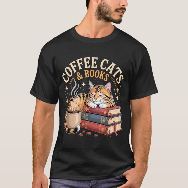 Cozy Reading Cat Coffee And Books Lover Artwork  T-Shirt (Front)