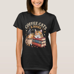 Cozy Reading Cat Coffee And Books Lover Artwork T-Shirt