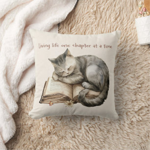 Cozy Reading Pillow with Cute Sleeping Kitten