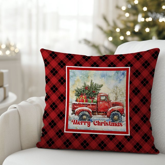 Cozy red truck holiday scene rustic red black cushion (Cozy red truck holiday scene rustic red black Throw Pillow)