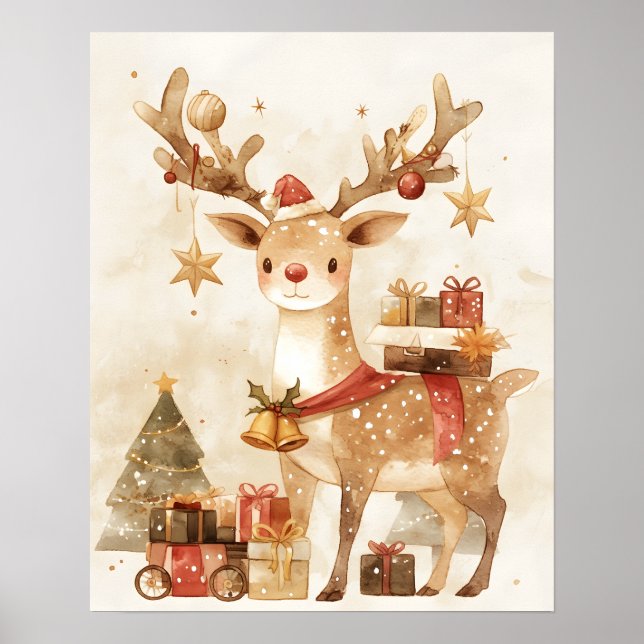Cozy Reindeer with Christmas Gifts Wall Art Decor (Front)
