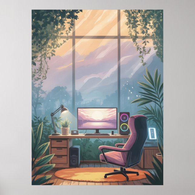 Cozy Relaxing Gaming Setup Sunset Artwork Nature Poster (Front)