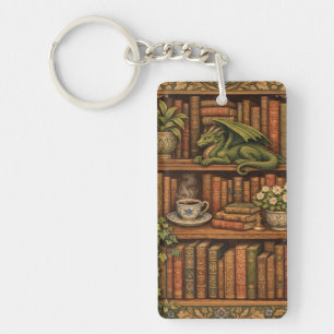 Cozy retro book shelf dragon coffee tea lover key ring