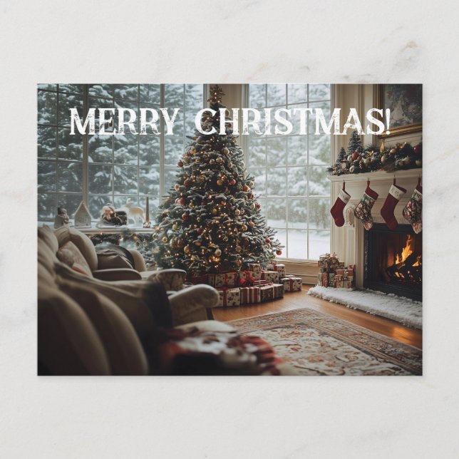 Cozy Room Christmas ,Fireplace, Tree and Stockings Holiday Postcard (Front)