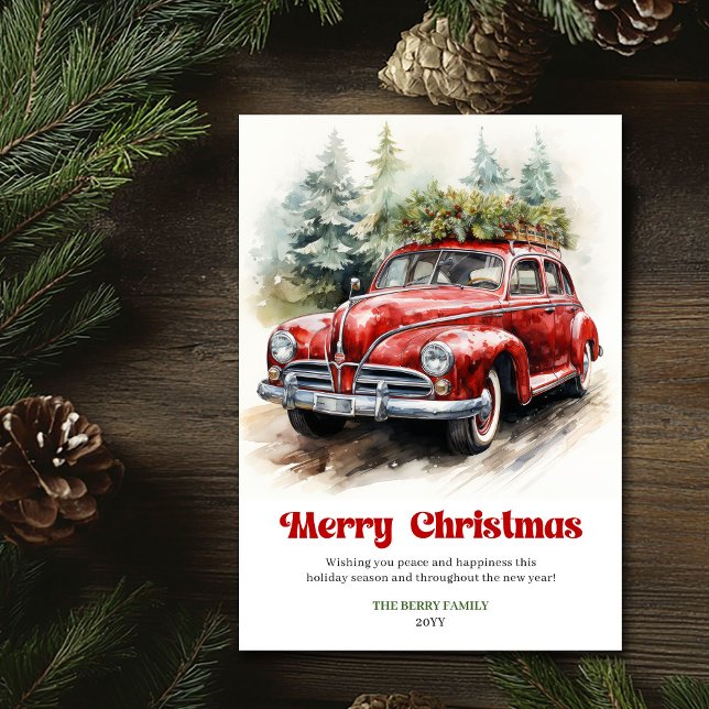 Cozy rustic Christmas red car watercolor scene Holiday Card (Cozy rustic Christmas red car watercolor scene Holiday Card )