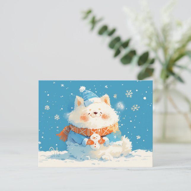 Cozy Samoyed Dog with Mini Snowman Holiday Postcard (Standing Front)