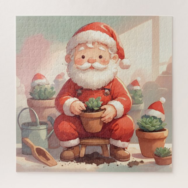 Cozy Santa Claus Gardener Planting Succulents Jigsaw Puzzle (Vertical)