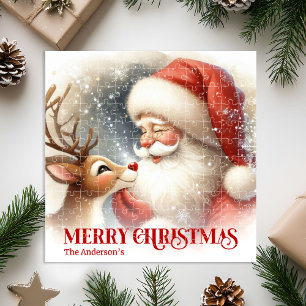 Cozy Santa Rudolph Personalized Christmas Kids Gif Jigsaw Puzzle