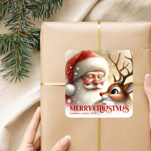 Cozy Santa Rudolph Personalized Christmas Kids Gif Square Sticker