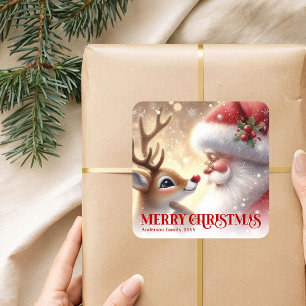 Cozy Santa Rudolph Personalized Christmas Kids  Square Sticker