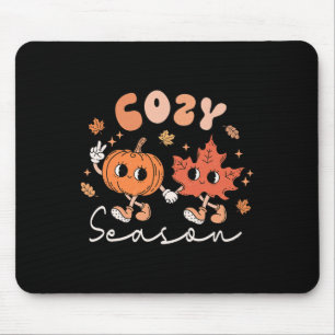 Cozy Season Retro Groovy Style Fall Leaves Pumpkin Mouse Mat