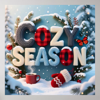 "Cozy Season" Winter Knit & Plaid Typography Snowy Poster