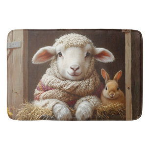 Cozy Sheep and Rabbit in Barn with Flowers Bath Mat