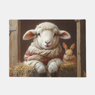 Cozy Sheep and Rabbit in Barn with Flowers Doormat