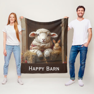 Cozy Sheep and Rabbit in Barn with Flowers Fleece Blanket