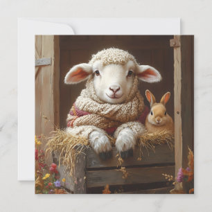 Cozy Sheep and Rabbit in Barn with Flowers Holiday Card