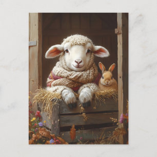 Cozy Sheep and Rabbit in Barn with Flowers Holiday Postcard