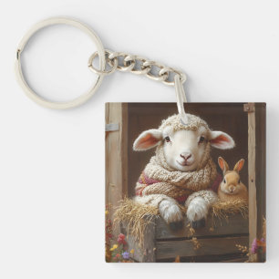 Cozy Sheep and Rabbit in Barn with Flowers Key Ring