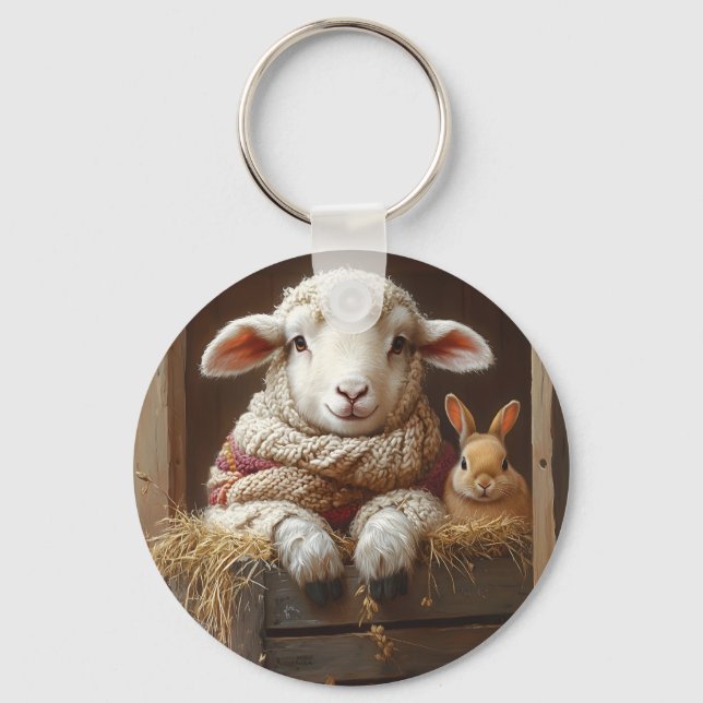 Cozy Sheep and Rabbit in Barn with Flowers Key Ring (Front)