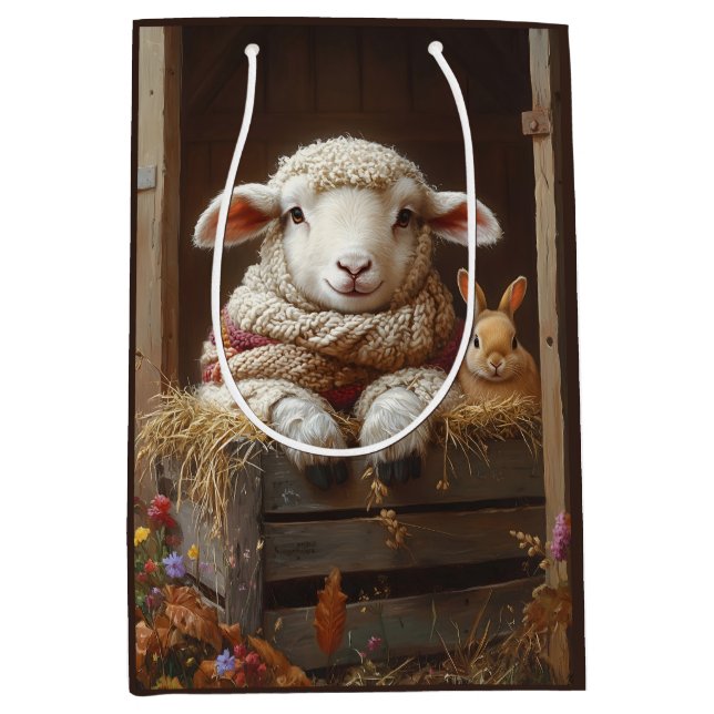 Cozy Sheep and Rabbit in Barn with Flowers Medium Gift Bag (Front)