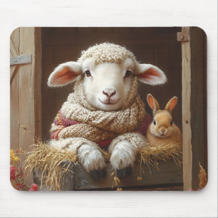 Cozy Sheep and Rabbit in Barn with Flowers Mouse Mat