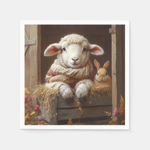 Cozy Sheep and Rabbit in Barn with Flowers Napkin