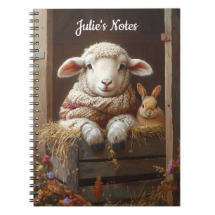 Cozy Sheep and Rabbit in Barn with Flowers Notebook