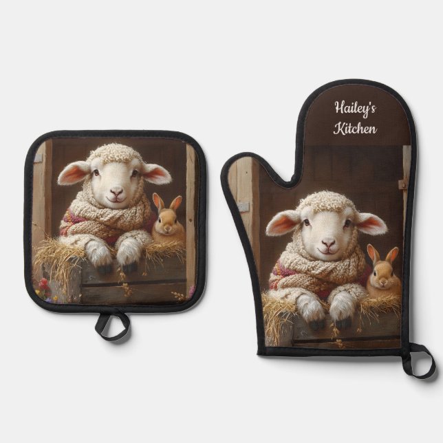 Cozy Sheep and Rabbit in Barn with Flowers Oven Mitt & Pot Holder Set (Front)
