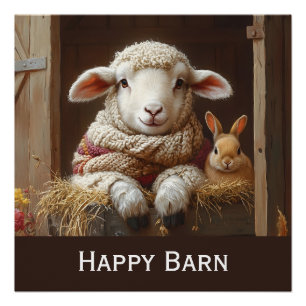 Cozy Sheep and Rabbit in Barn with Flowers Poster