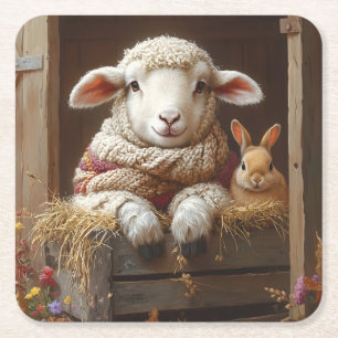 Cozy Sheep and Rabbit in Barn with Flowers Square Paper Coaster