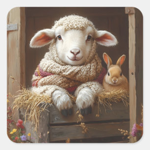 Cozy Sheep and Rabbit in Barn with Flowers Square Sticker