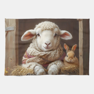 Cozy Sheep and Rabbit in Barn with Flowers Tea Towel