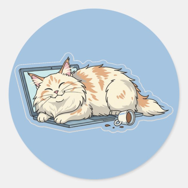 Cozy Sleeping Cat on Laptop | Funny Tech Lover  Classic Round Sticker (Front)