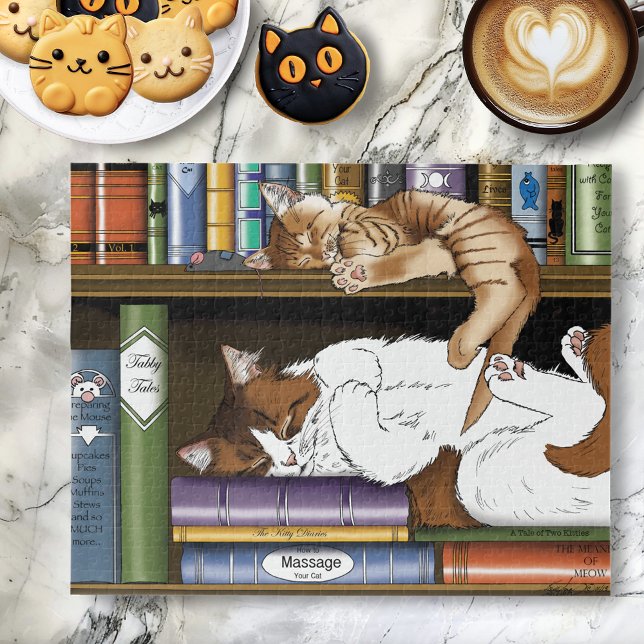 Cozy Sleeping Cats Bookshelf Illustration Cute Jigsaw Puzzle (Creator Uploaded)