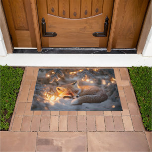 Cozy Sleeping Fox Under Snowy Branches  Doormat