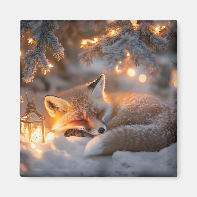 Cozy Sleeping Fox Under Snowy Branches  Magnet (Front)