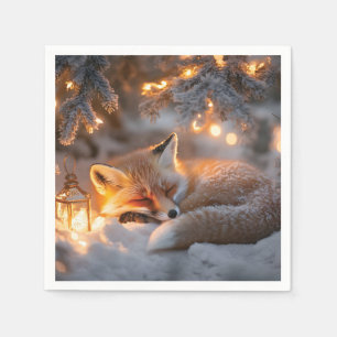 Cozy Sleeping Fox Under Snowy Branches  Napkin