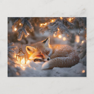 Cozy Sleeping Fox Under Snowy Branches  Postcard