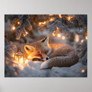Cozy Sleeping Fox Under Snowy Branches  Poster