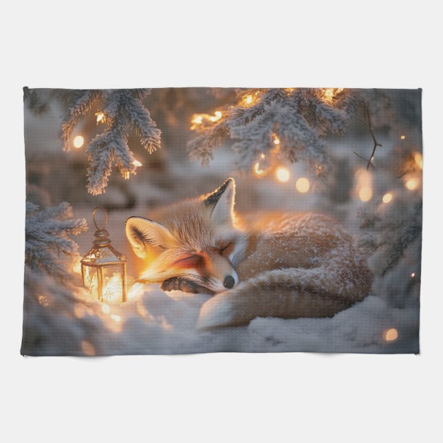Cozy Sleeping Fox Under Snowy Branches  Tea Towel (Horizontal)