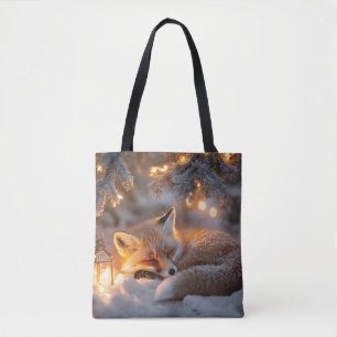 Cozy Sleeping Fox Under Snowy Branches Tote Bag