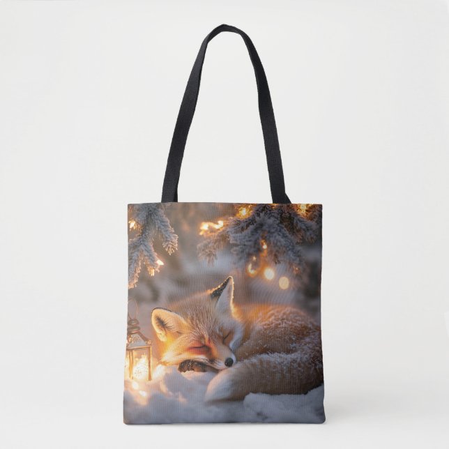 Cozy Sleeping Fox Under Snowy Branches  Tote Bag (Front)