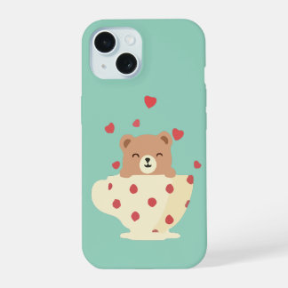 Cozy Smiling Teddy Bear in Polka Dot Teacup iPhone 15 Case