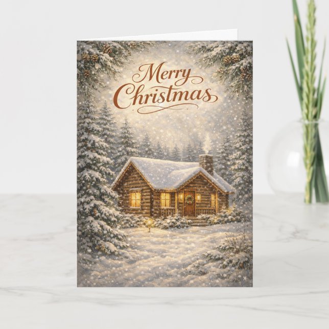 Cozy Snow Covered Cabin Merry Christmas  Holiday Card (Front)