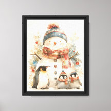 Cozy Snowman Penguins Nursery Wall Watercolor 
