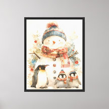 Cozy Snowman Penguins Nursery Wall Watercolor 